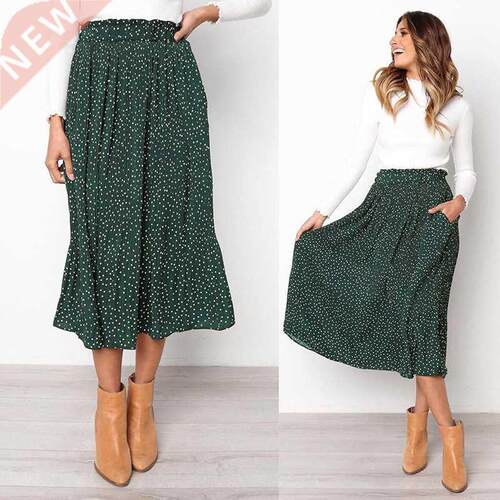 White Dots Floral Print Pleated Midi Skirt Women Elastic Hig