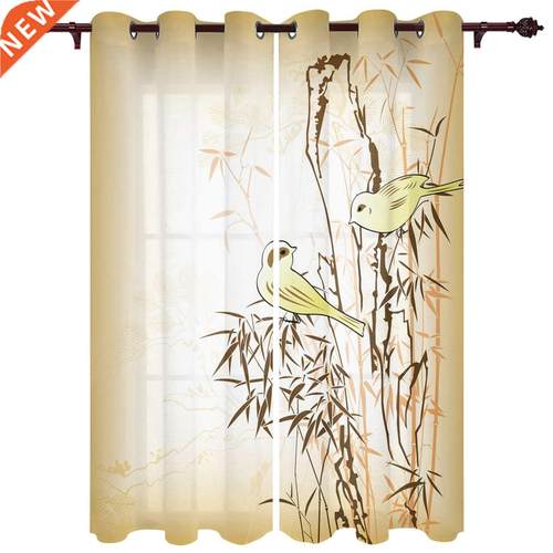 Cute Bird Yellow Bamboo Window Curtains for Bedroom Home