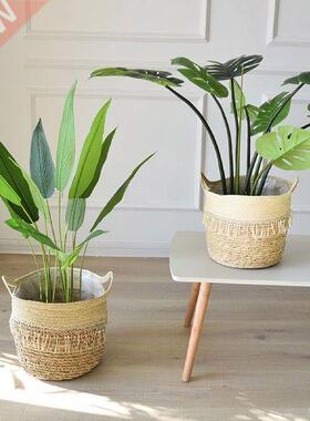 New Bamboo Storage Baskets Foldable Laundry Straw Patchwork