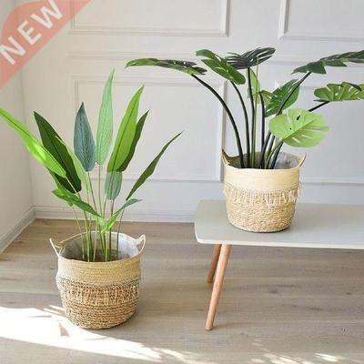 New Bamboo Storage Baskets Foldable Laundry Straw Patchwork