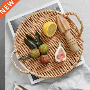 Rattan Round Fruit Tray with Handle Storage Tray Breakfast T