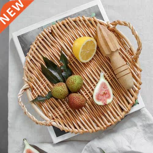 Rattan Round Fruit Tray with Handle Storage Tray Breakfast T
