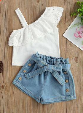 Fashion Kids Girls Clothes Sets Kids Strap One Shoulder Ruff