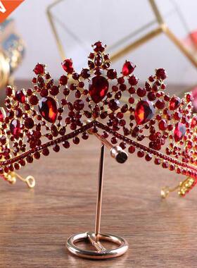 Luxury Gold Red Rhinestone Bridal Tiaras Crown Vintage Baroq