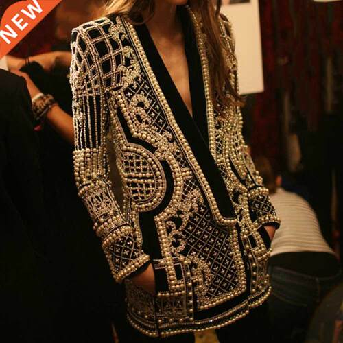 2022 Beadng Desgn Jacket Women Long Sleeve V-Neck Vntage