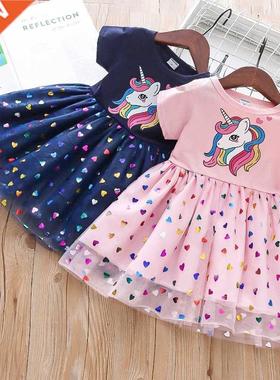 2022 New Summer Girls Dress Cotton Ctoon Unicorn Splicing