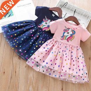 2022 New Summer Girls Dress Cotton Ctoon Unicorn Splicing
