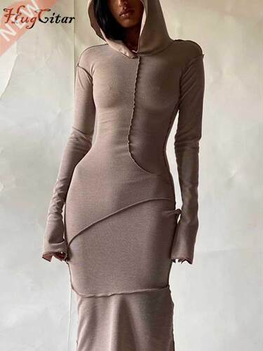 Hugcitar Long Sleeve Hooded Patchwork Skinny Maxi Dress 2021