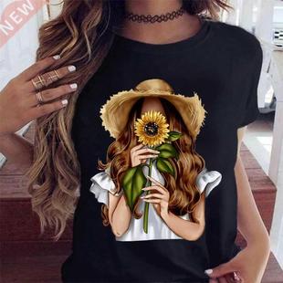 Fashion Women T Shirt Sunflower Girl Printed T Shirt Casual