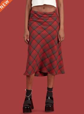 Vintage 90s Plaid High Waist Brown Midi Skirts Indie Aesthet