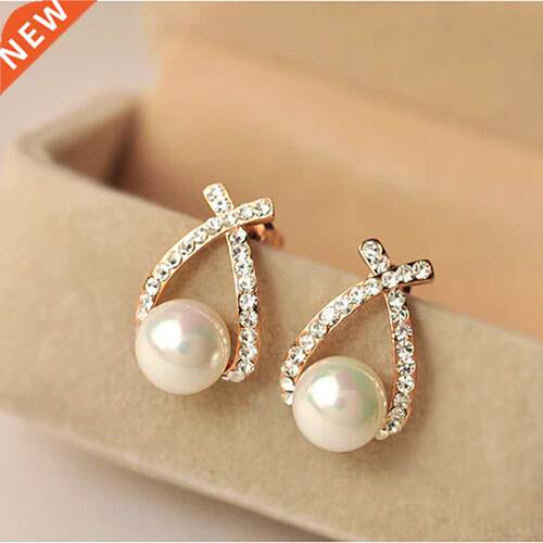 Korea New Fashion Gold Silver Color Cross Crystal Stud Earri