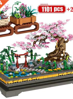 1101pcs City Mini Sreet View Cherry Blossom Bonsai Building