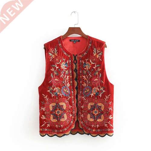 2018 Women Vintage sequins flower embroidery vest jacket lad