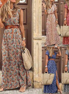 2022 Summer Boho Long Dress Women Casual Paisley Print Belt