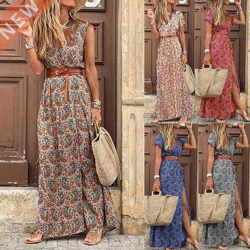 2022 Summer Boho Long Dress Women Casual Paisley Print Belt