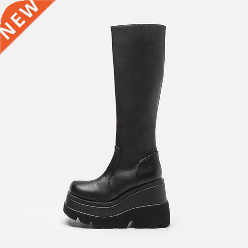 Women Leather Shoes Spring Winter High Platform Heels Elasti