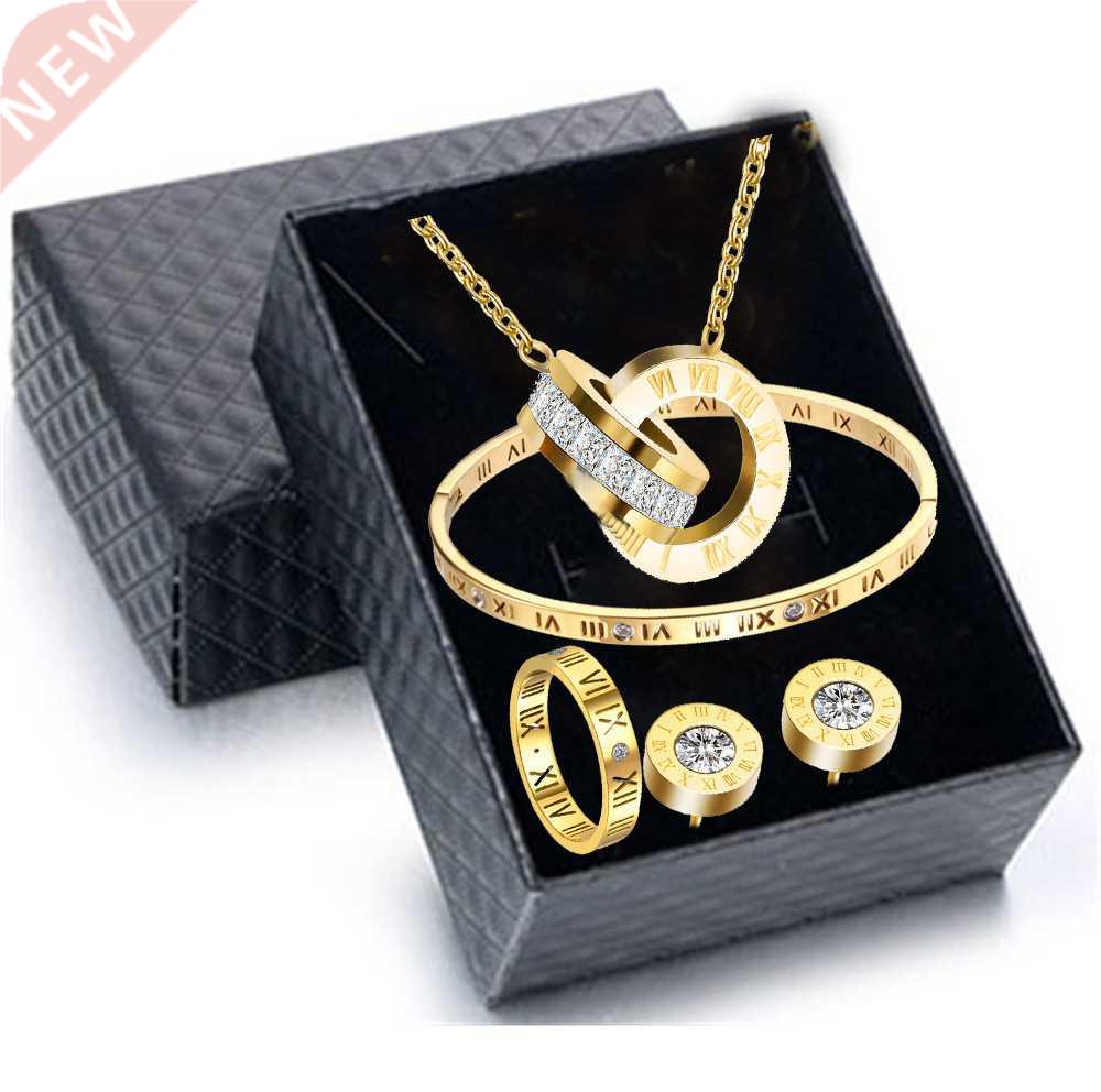 Luxury Roman Numeral Necklace Earring Bracelet Ring Set For