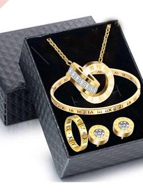 Luxury Roman Numeral Necklace Earring Bracelet Ring Set For