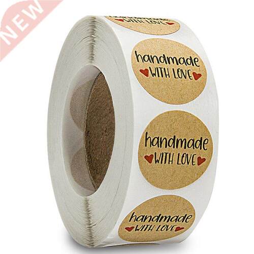 100-500pcs/lot Kraft Paper Sticker Handmade With Love Round