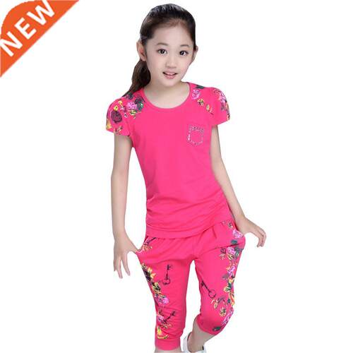 Summer Girls Clothing Sets Children Sports Suit Cotton Print