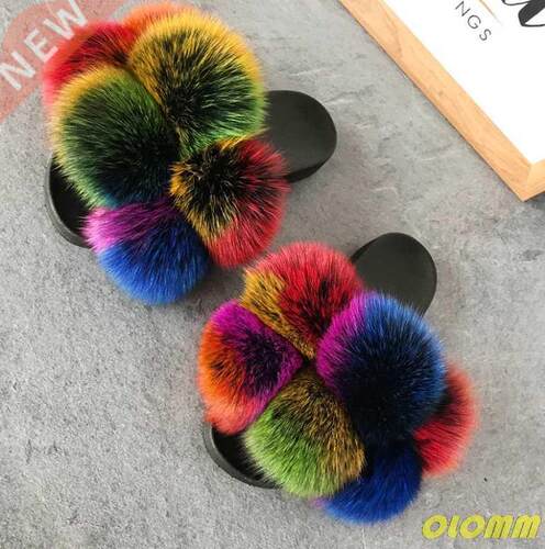 Wholesale Women Real Fox Fur Slides Home fluffy Flat Sandal