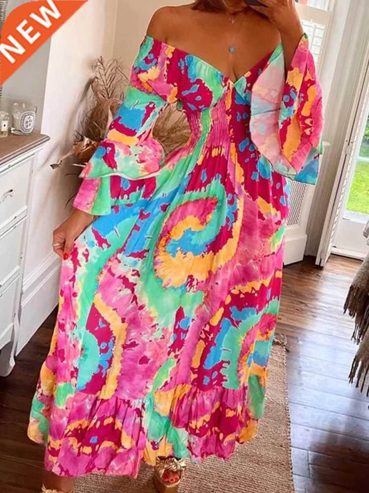 Elegant Off Shoulder Flared Sve Long Dress Women Fashon