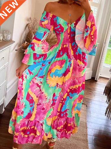 Elegant Off Shoulder Flared Sve Long Dress Women Fashon