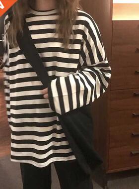 spring Autumn Women harajuku Striped Tshirt Long Sleeve O-Ne