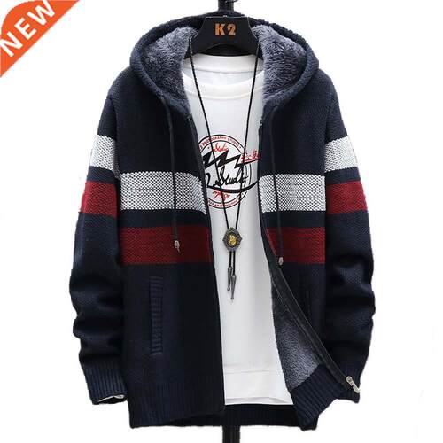 FALIZA Men's Striped Sweater Coat Thick Fleece Warm Zipper W