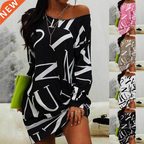 Women Dress Letters Print Hip Hop Long T Shirt Loose Casual