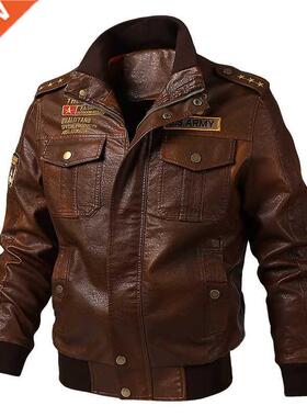 Brown Leather Jacket Men Fashion Casual Solid Military Style