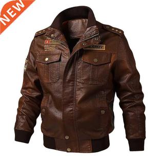 Brown Leather Jacket Men Fashion Casual Solid Military Style