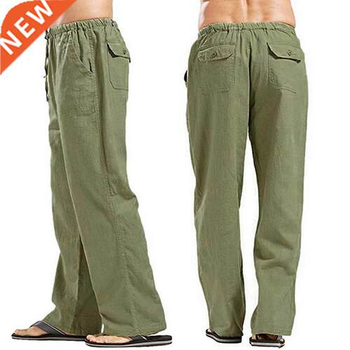 Summer Men Solid Color Linen Multi-Pocket raight Casual Pa