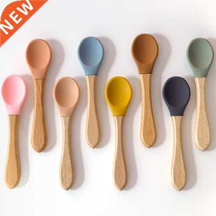 Feeding Wooden Handle Silicone Spoon For Baby Utensils Eat S