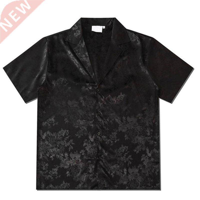 Harajuku Men Shirts Black Flower Print Short Sleeve Single B