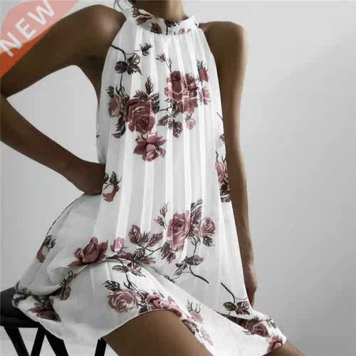 Fashion Women Boho Beach Summer Sleeveless Halter Floral Dre