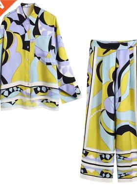 Fashon Women's Prnt Pajama Set 2 Peces wth Pants Sprng