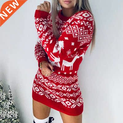 Christmas Sweater Women Christmas Deer Warm Knitted Long Sle