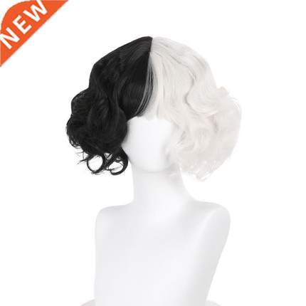 CRUELLA de Vil Cosplay Wig Short Curly Black White Ms. Spot