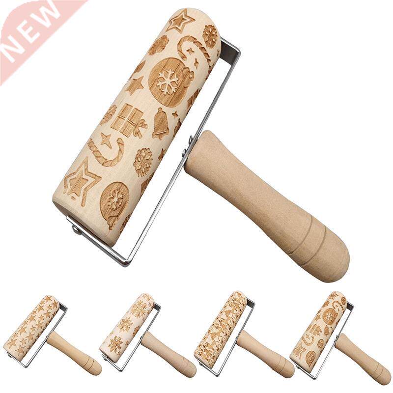 Christmas Deer Wooden Rolling Pin Embossing Baking Cookies N