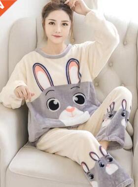 2021 Autumn Winter Warm Flannel Women Pyjamas Sets Thick Cor