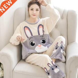 2021 Autumn Winter Warm Flannel Women Pyjamas Sets Thick Cor