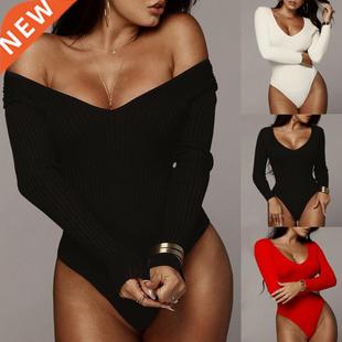 Women Long Sleeve Bodysuit Shorts Autumn Winter Warm V-neck