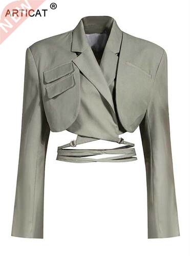 Articat Gray Double Layer Bandage Slim Blazer Women Long Sle