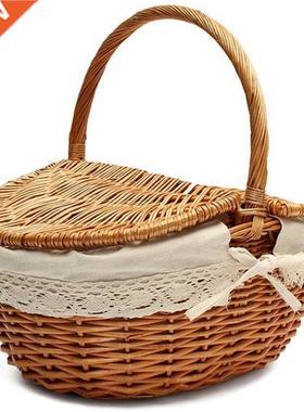 Handmade Wicker Basket with Handle Wicker Camping Picnic Bas