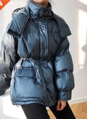 Wnter Drawstrng Wast Hooded Down Cotton Coat Loose Pocket