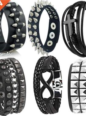 Rinhoo 10 Styles Punk Unisex PU Leather Bracelet Multilayers