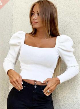 Retro Women Autumn Shirts Solid Color Puff Sleeve Square Col