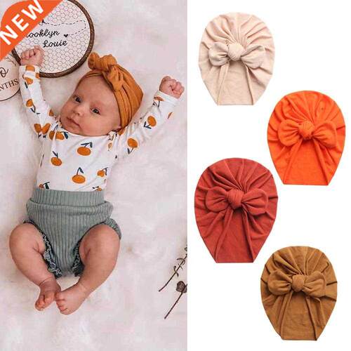Solid Baby Cotton Beanies Cute Bear Ear Bowknot Turban Hats