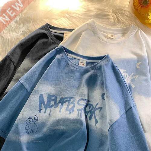Summer New Japanese Printing Cloud Moon Bear Letter Short-Sl